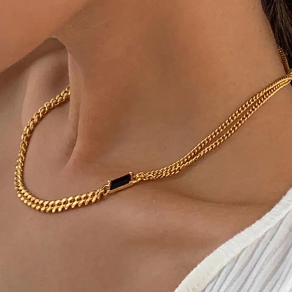 18k gold necklace chunky choker black stone tarnish free stainless Cuban chain